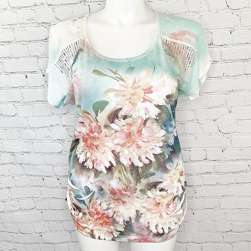 EMBELLISHED LAVISH GREEN FLORAL RUCHED TOP LARGE